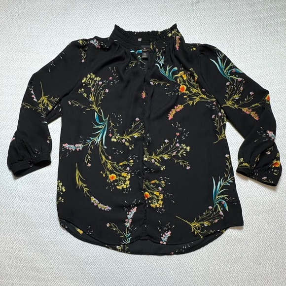 Worthington Petite Black Floral Pullover Blouse 3/4 Sleeve Stand-up Collar, M - Picture 13 of 14